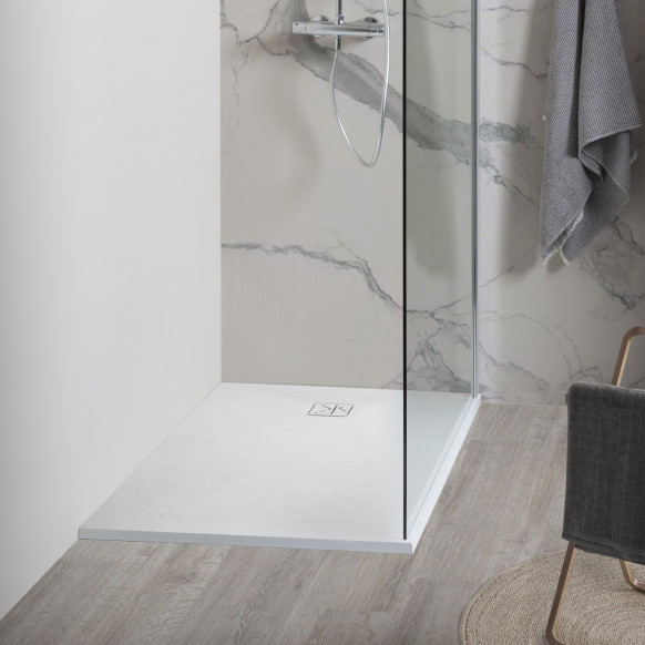 Piatto Doccia VERONA 120x80 cm ultraslim 2,6 cm effetto pietra, con piletta, Bianco Opaco